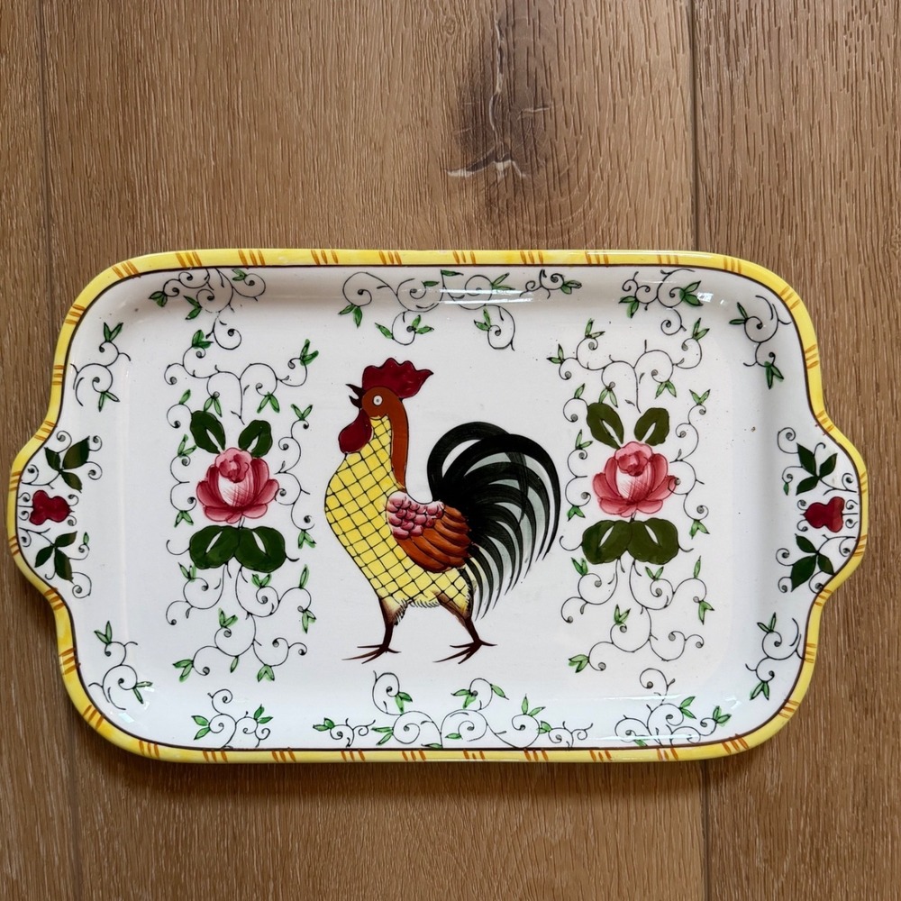 Vintage Ucagco Japan Ceramic Rooster Tray Pink Roses Hand Painted Farmhouse Dish